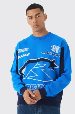 Oversized Boxy Moto Racing Knitted Jumper | BoohooMAN UK