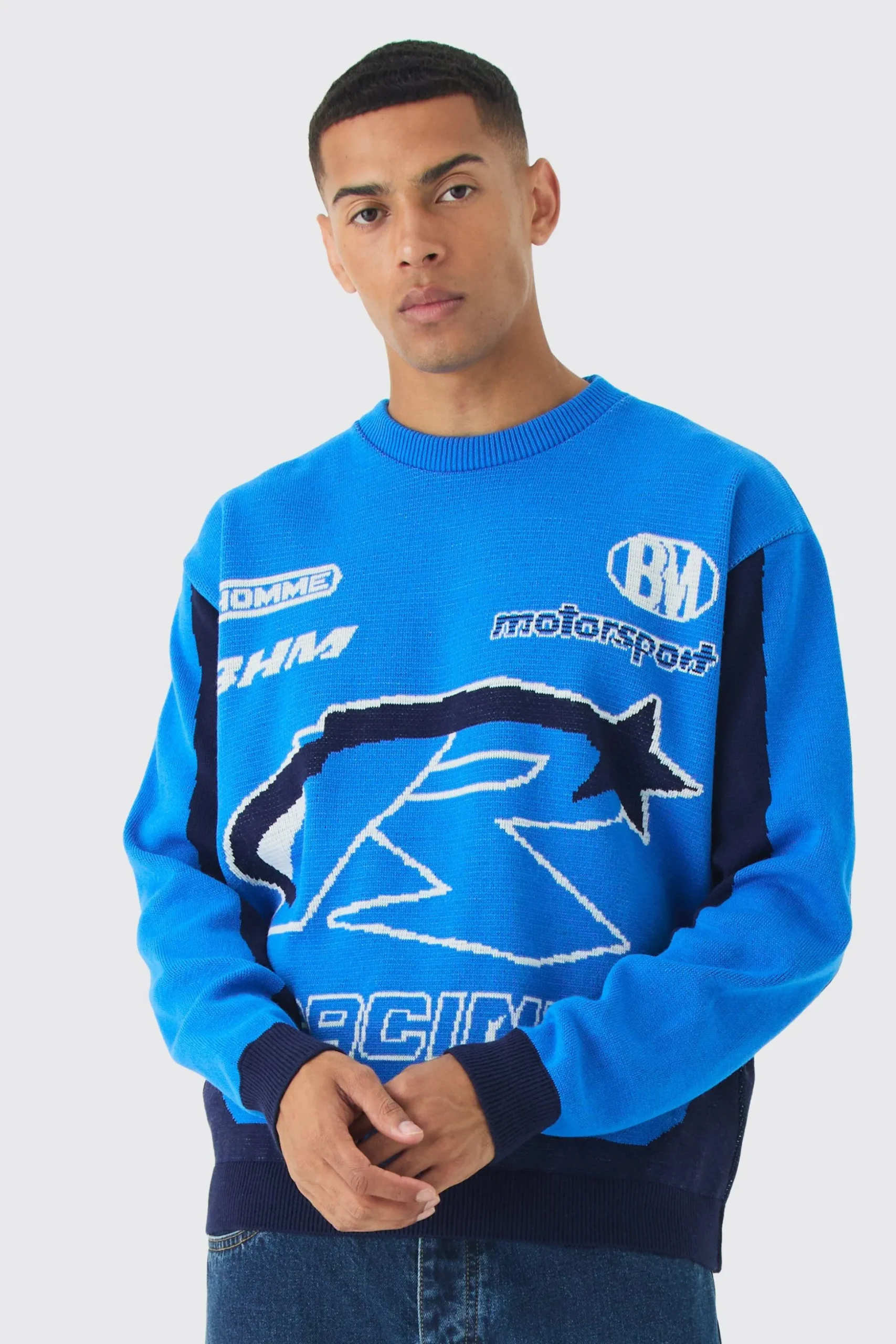 Oversized Boxy Moto Racing Knitted Jumper | BoohooMAN UK