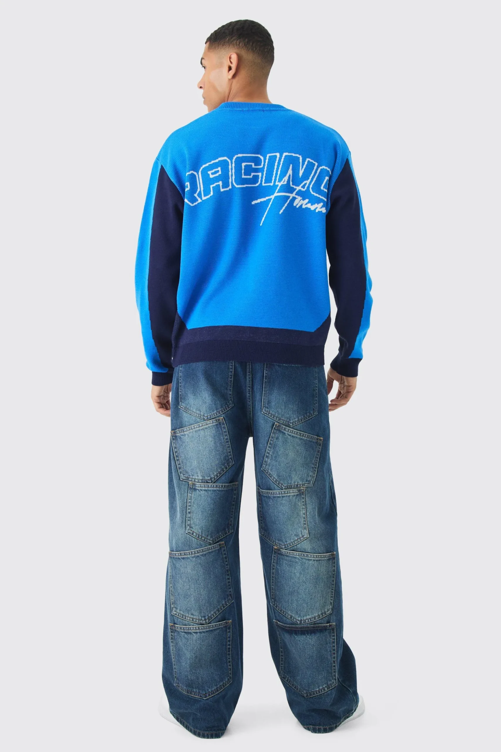 Oversized Boxy Moto Racing Knitted Jumper | BoohooMAN UK
