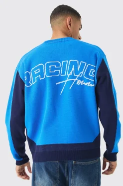 Oversized Boxy Moto Racing Knitted Jumper | BoohooMAN UK