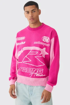 Oversized Boxy Moto Racing Knitted Jumper | BoohooMAN UK