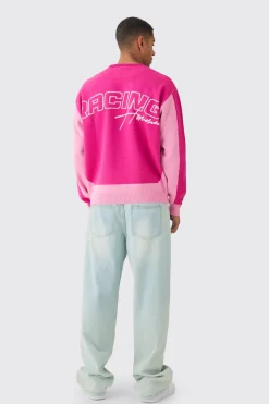 Oversized Boxy Moto Racing Knitted Jumper | BoohooMAN UK