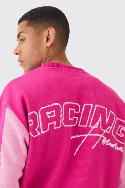 Oversized Boxy Moto Racing Knitted Jumper | BoohooMAN UK