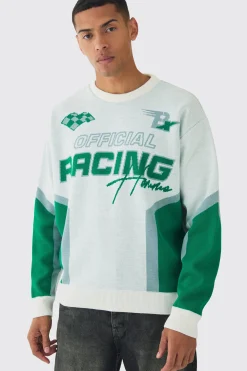 Oversized Boxy Moto Racing Knitted Jumper | BoohooMAN UK