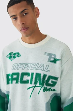Oversized Boxy Moto Racing Knitted Jumper | BoohooMAN UK