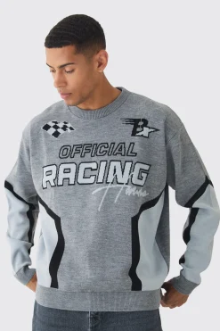 Oversized Boxy Moto Racing Knitted Jumper | BoohooMAN UK