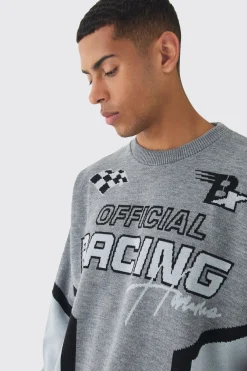 Oversized Boxy Moto Racing Knitted Jumper | BoohooMAN UK