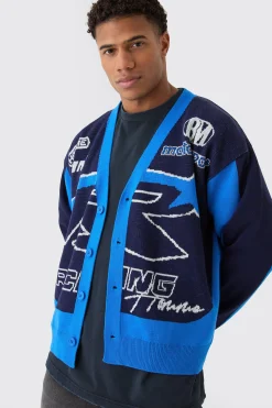 Oversized Boxy Moto Racing Knitted Cardigan | BoohooMAN UK