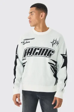 Oversized Boxy Moto Star Knitted Jumper | BoohooMAN UK