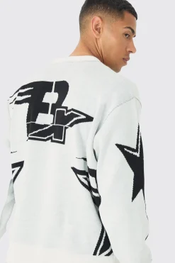 Oversized Boxy Moto Star Knitted Jumper | BoohooMAN UK