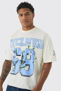 Oversized Boxy Ofcl Floral Varsity Print T-Shirt | BoohooMAN UK