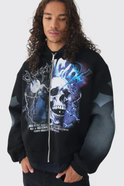 Oversized Boxy Offcl Gothic Skull Zip Through Print Hoodie | BoohooMAN UK