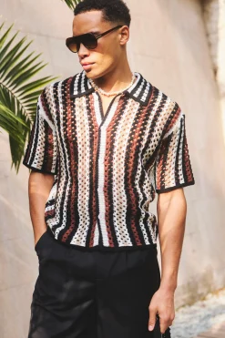 Oversized Boxy Open Knit Stripe Shirt | BoohooMAN UK