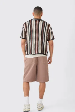 Oversized Boxy Open Knit Stripe Shirt | BoohooMAN UK