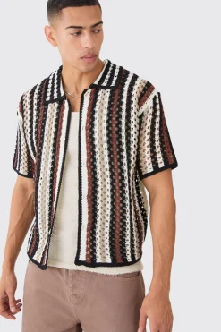 Oversized Boxy Open Knit Stripe Shirt | BoohooMAN UK