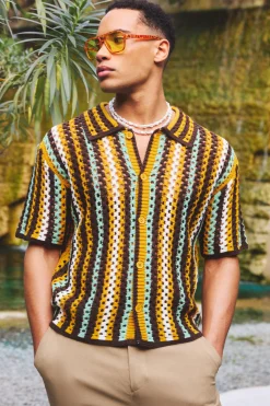 Oversized Boxy Open Knit Stripe Shirt | BoohooMAN UK