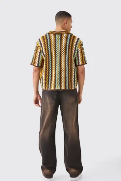 Oversized Boxy Open Knit Stripe Shirt | BoohooMAN UK