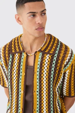 Oversized Boxy Open Knit Stripe Shirt | BoohooMAN UK