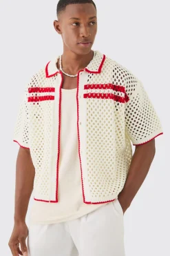 Oversized Boxy Open Knit Contrast Tipping Shirt | BoohooMAN UK
