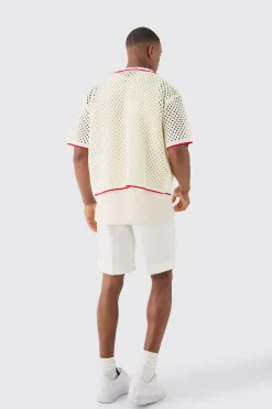 Oversized Boxy Open Knit Contrast Tipping Shirt | BoohooMAN UK