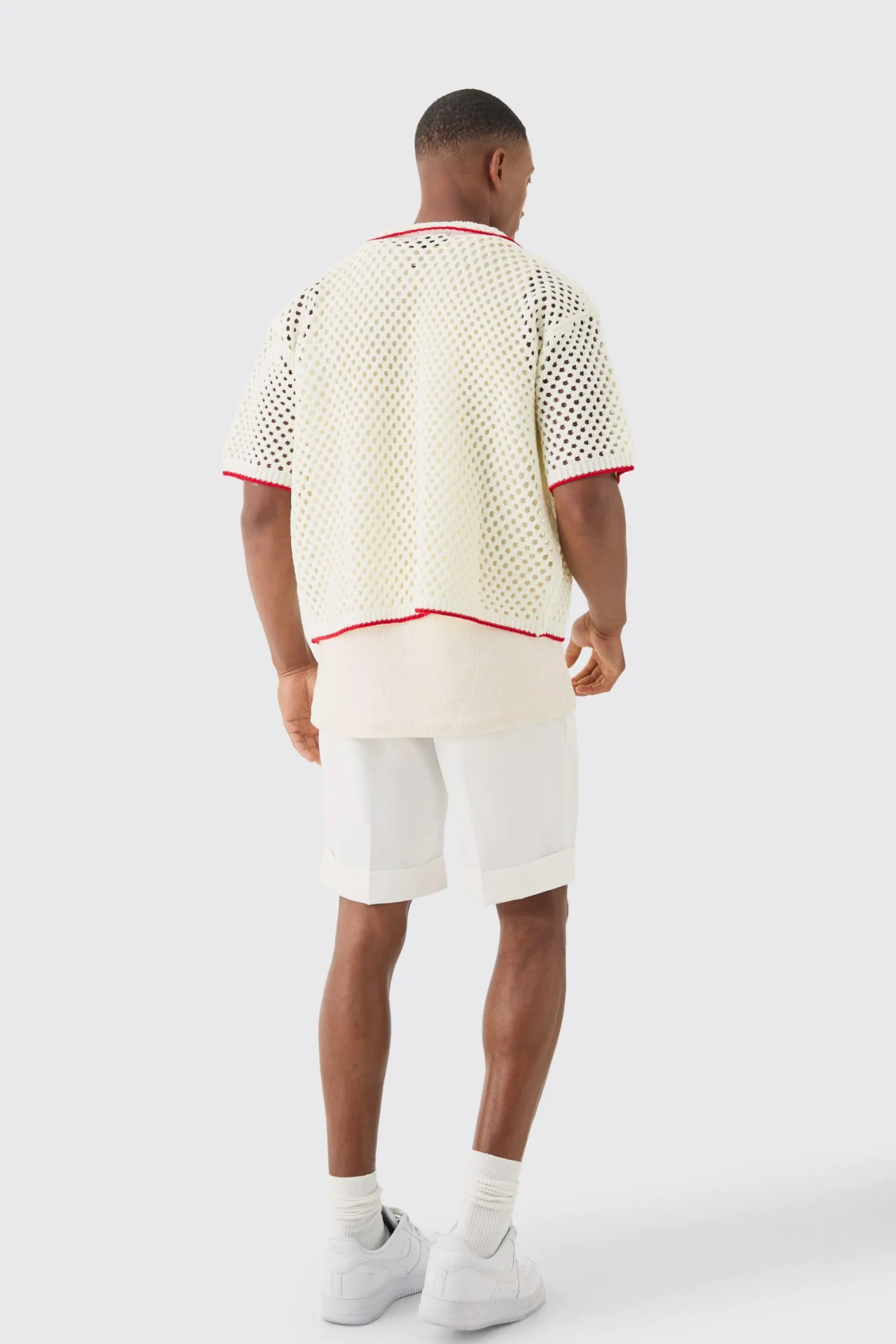 Oversized Boxy Open Knit Contrast Tipping Shirt | BoohooMAN UK