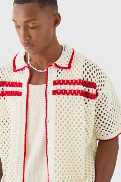 Oversized Boxy Open Knit Contrast Tipping Shirt | BoohooMAN UK