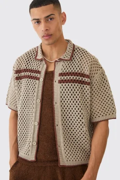 Oversized Boxy Open Knit Contrast Shirt | BoohooMAN UK