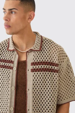 Oversized Boxy Open Knit Contrast Shirt | BoohooMAN UK