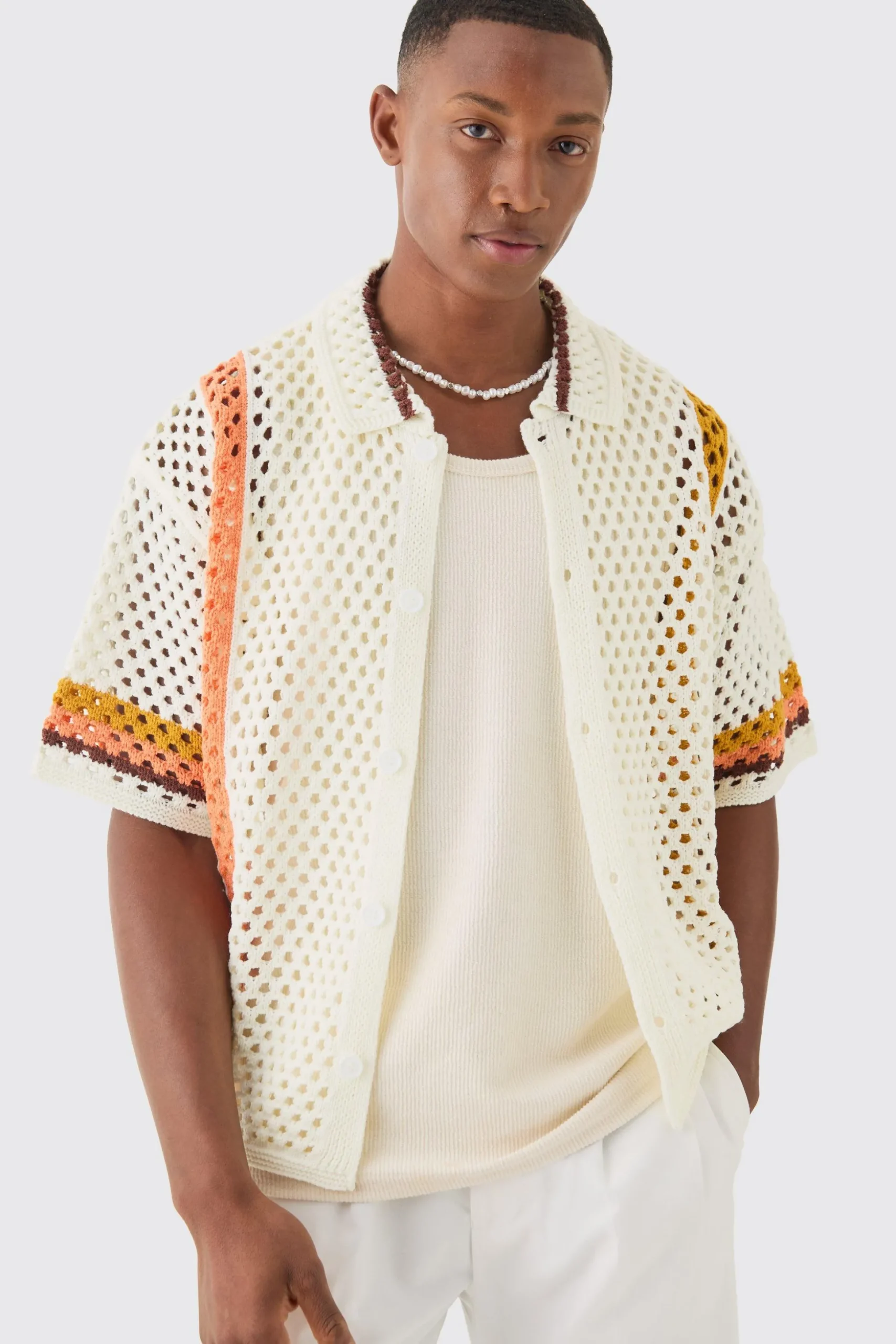 Oversized Boxy Open Knit Abstract Stripe Shirt | BoohooMAN UK