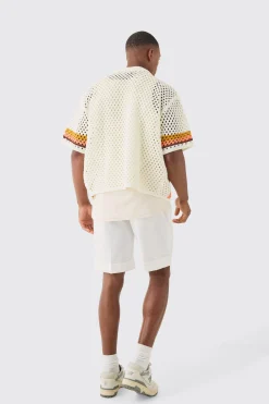 Oversized Boxy Open Knit Abstract Stripe Shirt | BoohooMAN UK