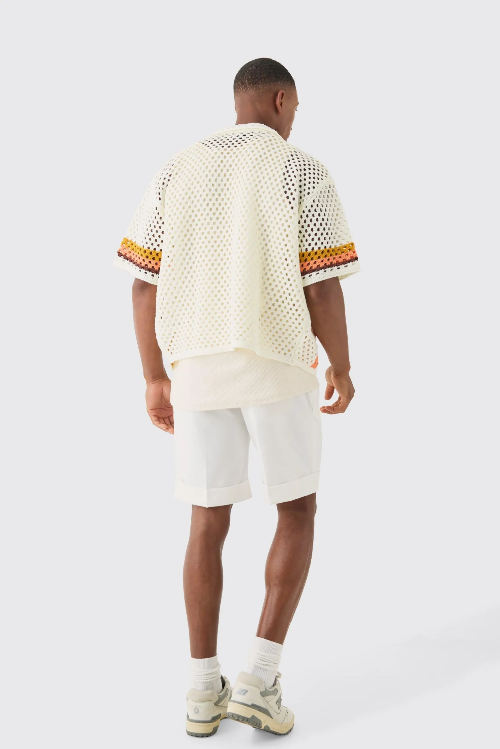 Oversized Boxy Open Knit Abstract Stripe Shirt | BoohooMAN UK