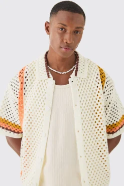 Oversized Boxy Open Knit Abstract Stripe Shirt | BoohooMAN UK