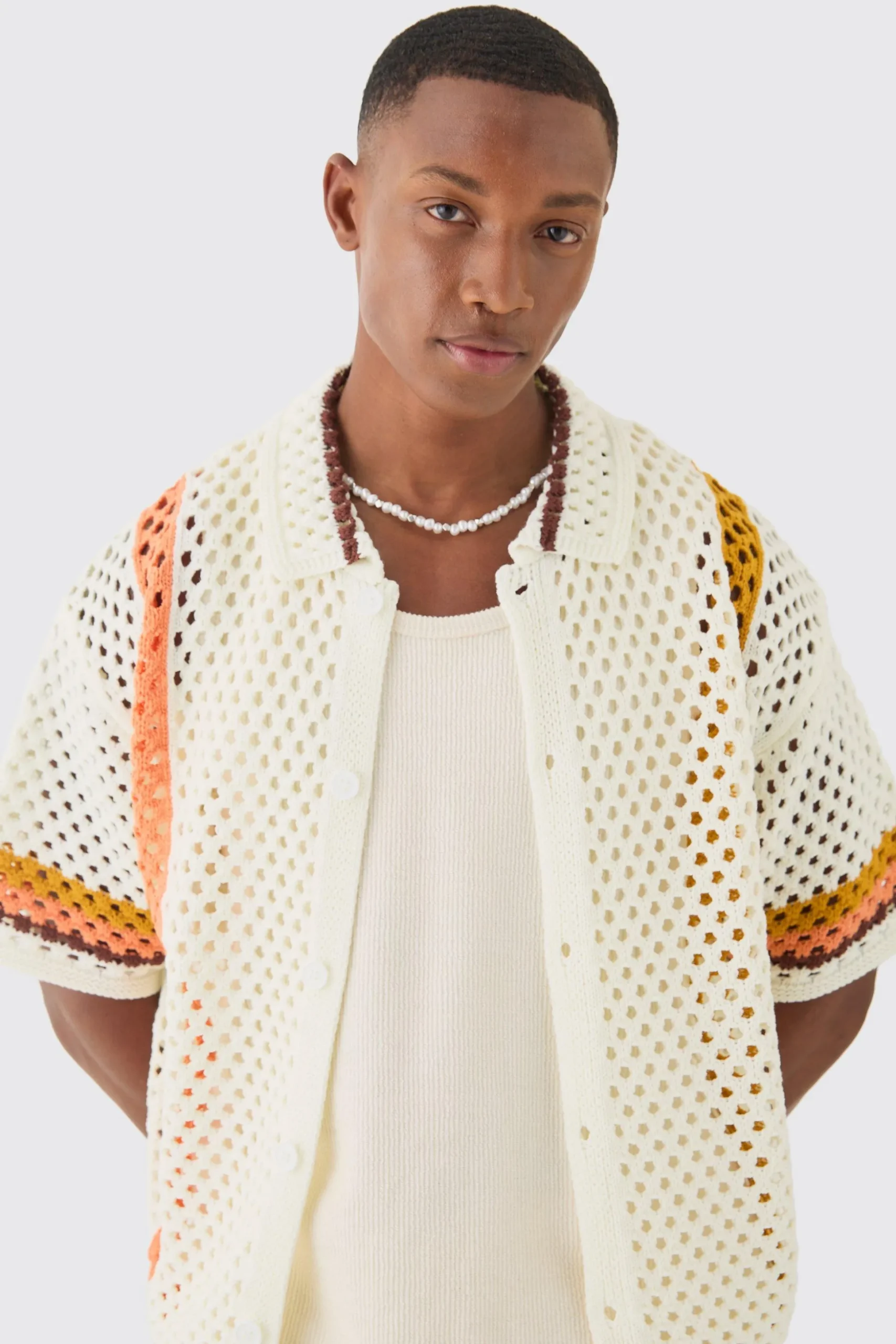 Oversized Boxy Open Knit Abstract Stripe Shirt | BoohooMAN UK