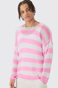 Oversized Boxy Open Knit Stripe Jumper In Pink | BoohooMAN UK