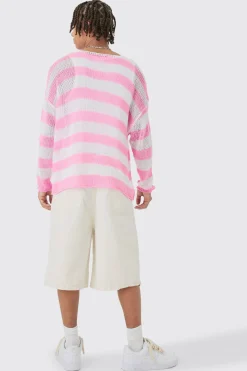 Oversized Boxy Open Knit Stripe Jumper In Pink | BoohooMAN UK