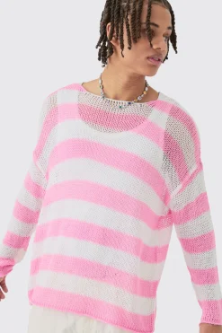 Oversized Boxy Open Knit Stripe Jumper In Pink | BoohooMAN UK