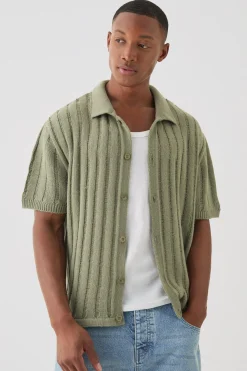 Oversized Boxy Open Ladder Stitch Knitted Shirt In Khaki | BoohooMAN UK