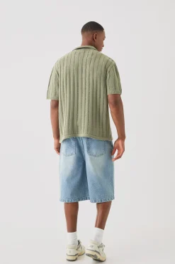 Oversized Boxy Open Ladder Stitch Knitted Shirt In Khaki | BoohooMAN UK