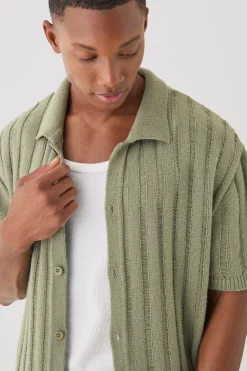 Oversized Boxy Open Ladder Stitch Knitted Shirt In Khaki | BoohooMAN UK