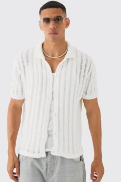 Oversized Boxy Open Ladder Stitch Knitted Shirt In White | BoohooMAN UK