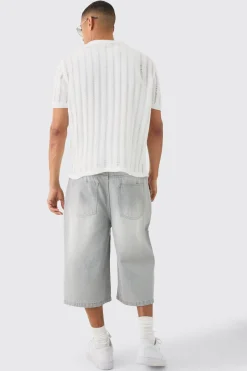Oversized Boxy Open Ladder Stitch Knitted Shirt In White | BoohooMAN UK