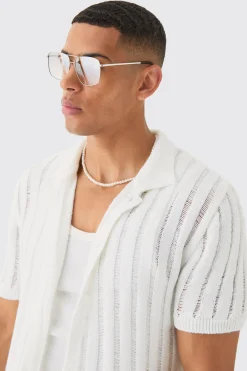 Oversized Boxy Open Ladder Stitch Knitted Shirt In White | BoohooMAN UK