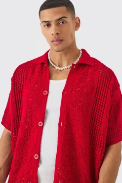 Oversized Boxy Open Stitch Detail Knitted Shirt In Red | BoohooMAN UK
