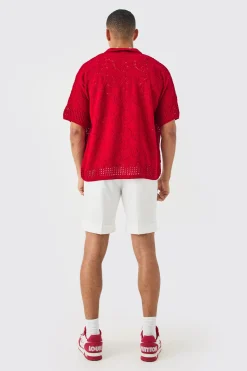 Oversized Boxy Open Stitch Detail Knitted Shirt In Red | BoohooMAN UK