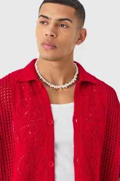 Oversized Boxy Open Stitch Detail Knitted Shirt In Red | BoohooMAN UK