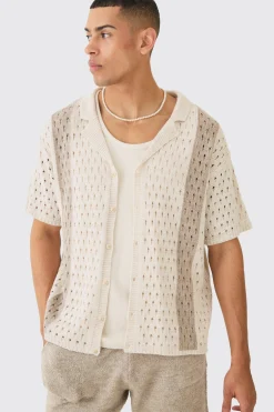 Oversized Boxy Open Stitch Stripe Knit Shirt In Ecru | BoohooMAN UK