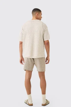Oversized Boxy Open Stitch Stripe Knit Shirt In Ecru | BoohooMAN UK