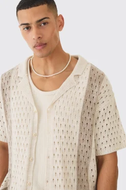 Oversized Boxy Open Stitch Stripe Knit Shirt In Ecru | BoohooMAN UK