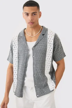 Oversized Boxy Open Stitch Stripe Knit Shirt In Charcoal | BoohooMAN UK