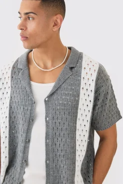 Oversized Boxy Open Stitch Stripe Knit Shirt In Charcoal | BoohooMAN UK